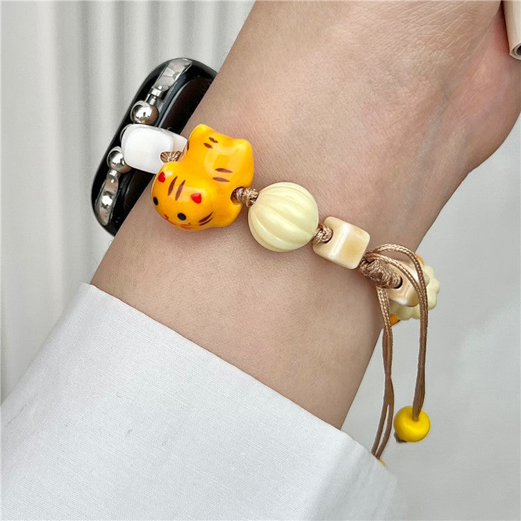 Cartoon Cat Ceramic Beads Strap for Apple Watch Series 10 42mm / 9 8 7 41mm / SE (2023) SE (2022) SE 6 5 4 40mm / 3 2 1 38mm Drawstring Bracelet - Orange