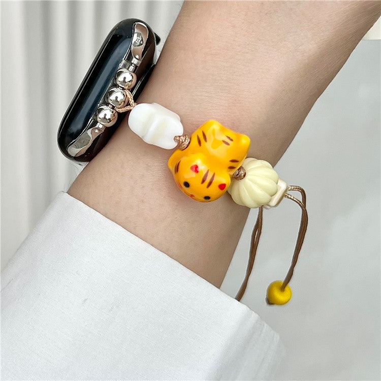 Cartoon Cat Ceramic Beads Strap for Apple Watch Series 10 42mm / 9 8 7 41mm / SE (2023) SE (2022) SE 6 5 4 40mm / 3 2 1 38mm Drawstring Bracelet - Orange