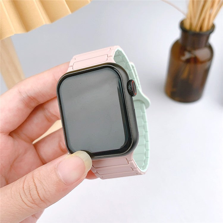 For Apple Watch Series 10 42mm / 9 8 7 41mm / SE (2023) SE (2022) SE 6 5 4 40mm / 3 2 1 38mm Watchband Soft Silicone Magnetic Strap - Oxford Pink / Soft Mint