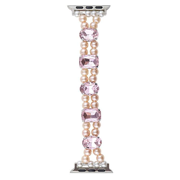 For Apple Watch Series 10 42mm / 9 8 7 41mm / SE (2023) SE (2022) SE 6 5 4 40mm / 3 2 1 38mm Strap Jewelry Bracelet - Pink Diamond+Pink Pearl / Elastic
