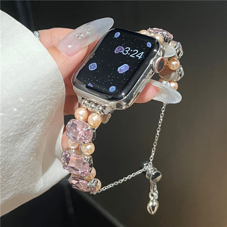 For Apple Watch Series 10 42mm / 9 8 7 41mm / SE (2023) SE (2022) SE 6 5 4 40mm / 3 2 1 38mm Strap Jewelry Bracelet - Pink Diamond+Pink Pearl / Elastic