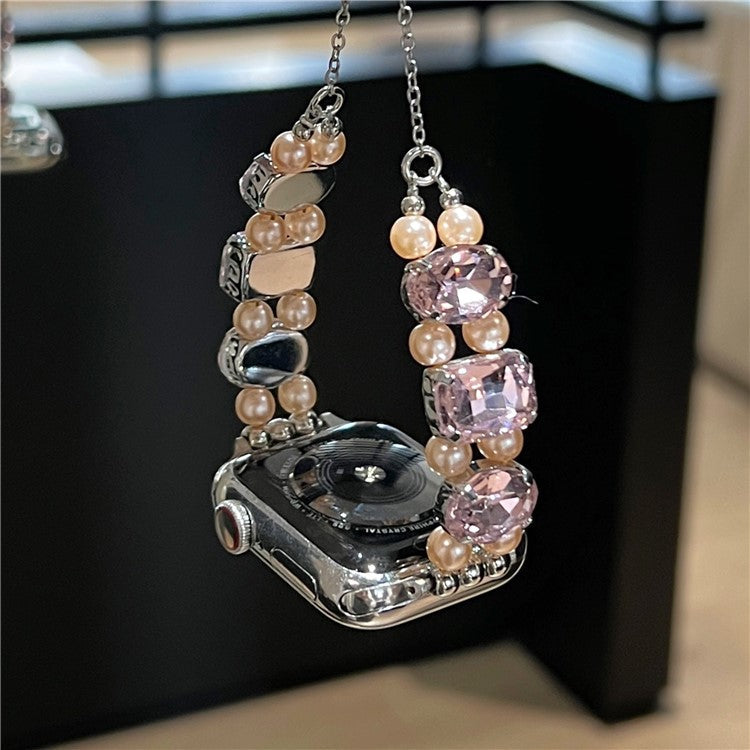 For Apple Watch Series 10 42mm / 9 8 7 41mm / SE (2023) SE (2022) SE 6 5 4 40mm / 3 2 1 38mm Strap Jewelry Bracelet - Pink Diamond+Pink Pearl / Elastic