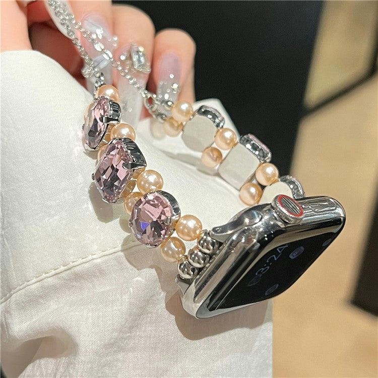 For Apple Watch Series 10 42mm / 9 8 7 41mm / SE (2023) SE (2022) SE 6 5 4 40mm / 3 2 1 38mm Strap Jewelry Bracelet - Pink Diamond+Pink Pearl / Elastic
