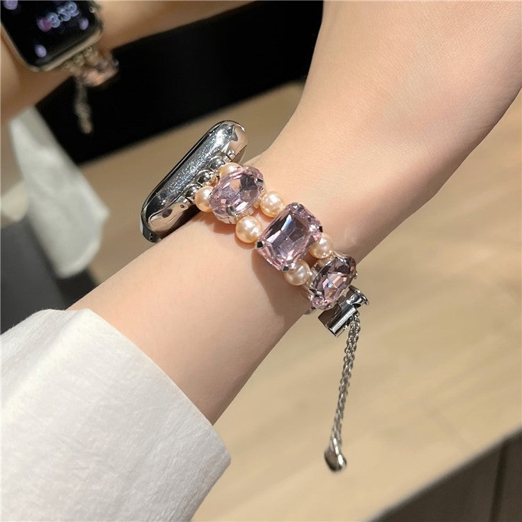 For Apple Watch Series 10 42mm / 9 8 7 41mm / SE (2023) SE (2022) SE 6 5 4 40mm / 3 2 1 38mm Strap Jewelry Bracelet - Pink Diamond+Pink Pearl / Elastic