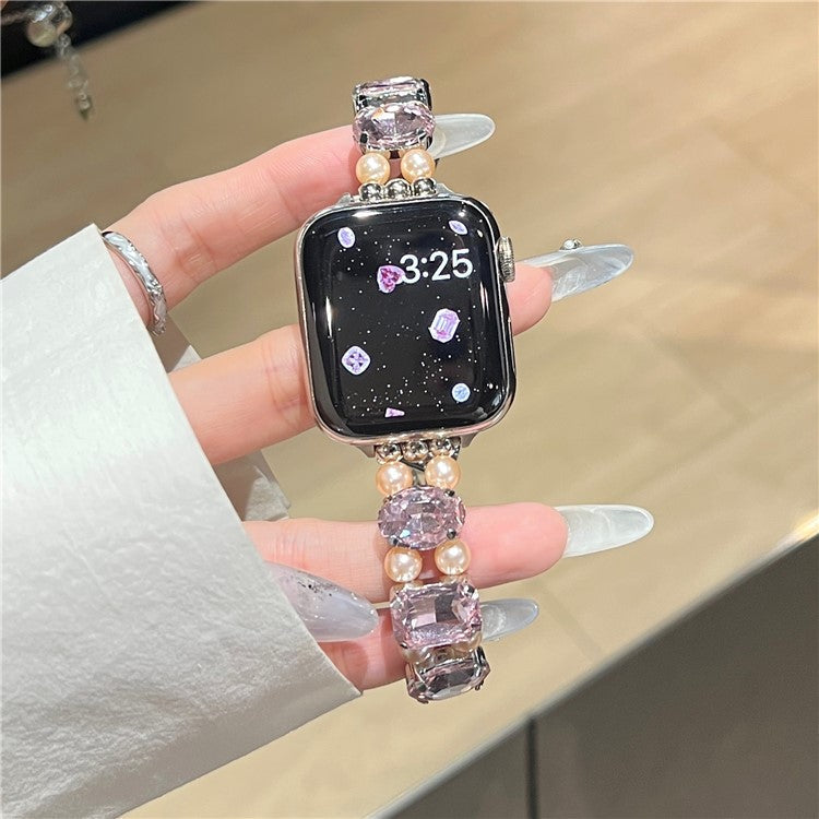 For Apple Watch Series 10 42mm / 9 8 7 41mm / SE (2023) SE (2022) SE 6 5 4 40mm / 3 2 1 38mm Strap Jewelry Bracelet - Pink Diamond+Pink Pearl / Elastic