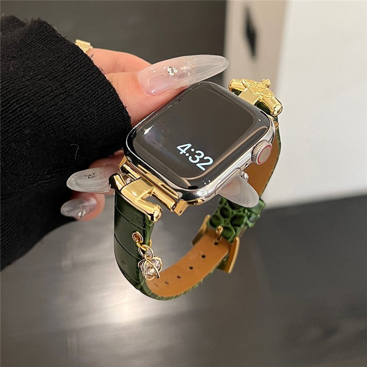For Apple Watch 10 46mm / Ultra 2 / Ultra 49mm / 9 8 7 45mm / SE (2023) SE (2022) SE 6 5 4 44mm / 3 2 1 42mm Genuine Cow Leather Band - Green / Gold Buckle