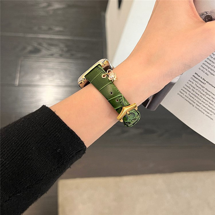 For Apple Watch 10 46mm / Ultra 2 / Ultra 49mm / 9 8 7 45mm / SE (2023) SE (2022) SE 6 5 4 44mm / 3 2 1 42mm Genuine Cow Leather Band - Green / Gold Buckle