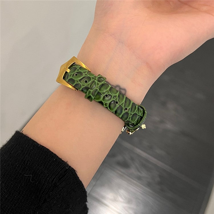 For Apple Watch 10 46mm / Ultra 2 / Ultra 49mm / 9 8 7 45mm / SE (2023) SE (2022) SE 6 5 4 44mm / 3 2 1 42mm Genuine Cow Leather Band - Green / Gold Buckle