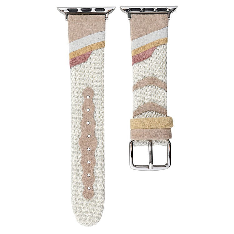 For Apple Watch Series 10 42mm / 9 8 7 41mm / SE (2023) SE (2022) SE 6 5 4 40mm / 3 2 1 38mm Mesh+Leather Band - Apricot (Silver Buckle)