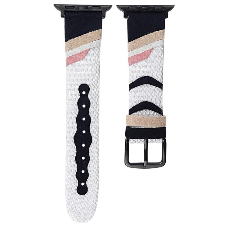 For Apple Watch Series 10 42mm / 9 8 7 41mm / SE (2023) SE (2022) SE 6 5 4 40mm / 3 2 1 38mm Mesh+Leather Band - Black+White (Black Buckle)