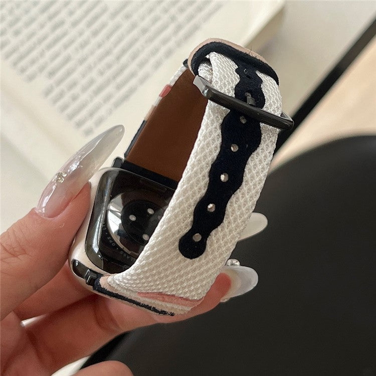 For Apple Watch Series 10 42mm / 9 8 7 41mm / SE (2023) SE (2022) SE 6 5 4 40mm / 3 2 1 38mm Mesh+Leather Band - Black+White (Black Buckle)