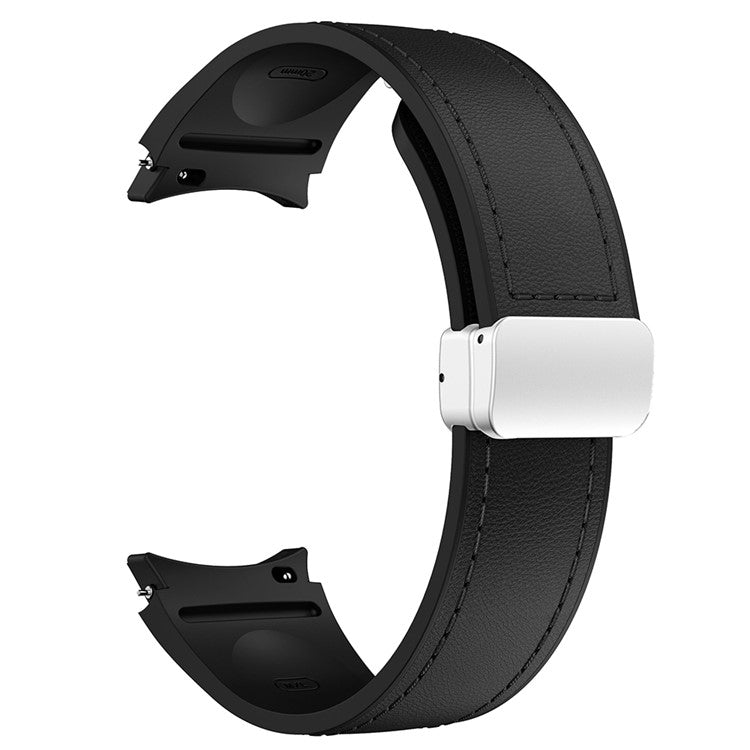 For Samsung Watch FE 40mm / Watch4 Classic Active / Watch 5 / Watch6 Classic Silicone+Leather Band Smartwatch Strap - Black+Silver Buckle