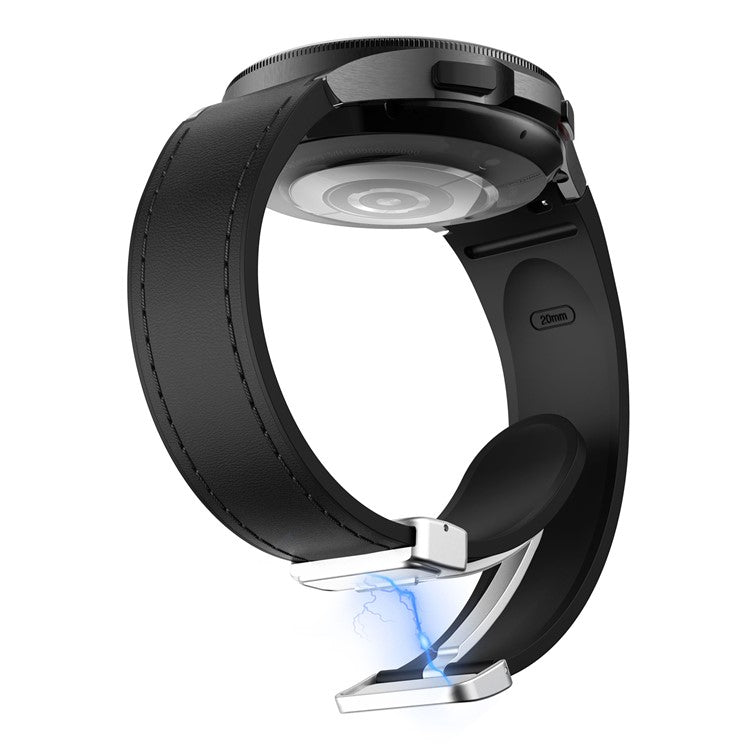 For Samsung Watch FE 40mm / Watch4 Classic Active / Watch 5 / Watch6 Classic Silicone+Leather Band Smartwatch Strap - Black+Silver Buckle