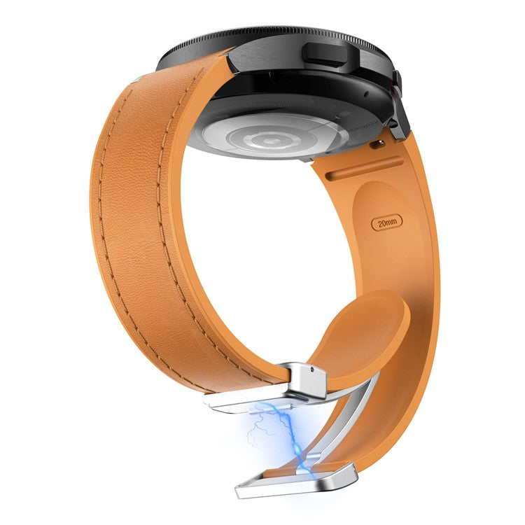 For Samsung Watch FE 40mm / Watch4 Classic Active / Watch 5 / Watch6 Classic Silicone+Leather Band Smartwatch Strap - Light Brown+Silver Buckle