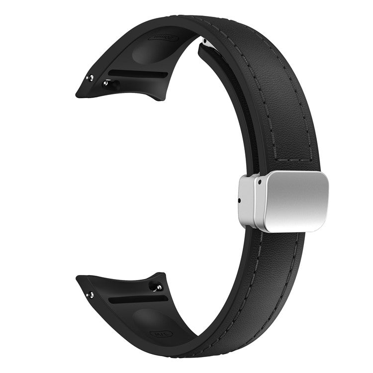 For Samsung Watch FE 40mm / Watch4 Classic Active / Watch 5 / Watch6 Classic Magnetic Buckle Leather+Silicone Strap - Black+Silver Buckle