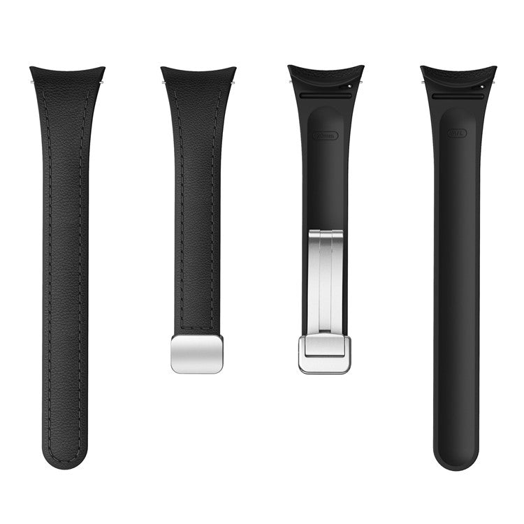 For Samsung Watch FE 40mm / Watch4 Classic Active / Watch 5 / Watch6 Classic Magnetic Buckle Leather+Silicone Strap - Black+Silver Buckle