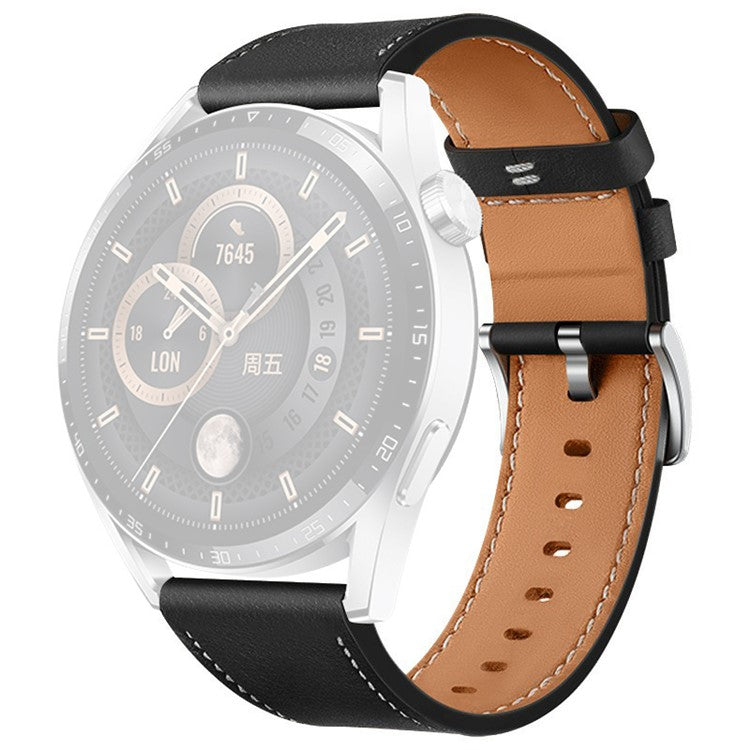 For Huawei Watch GT 4 46mm / Watch 4 / Watch 4 Pro Strap 22mm Genuine Cow Leather Stitching Lines Watch Band - Black