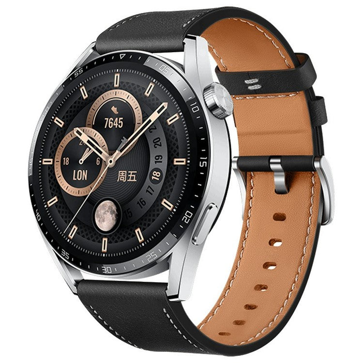For Huawei Watch GT 4 46mm / Watch 4 / Watch 4 Pro Strap 22mm Genuine Cow Leather Stitching Lines Watch Band - Black