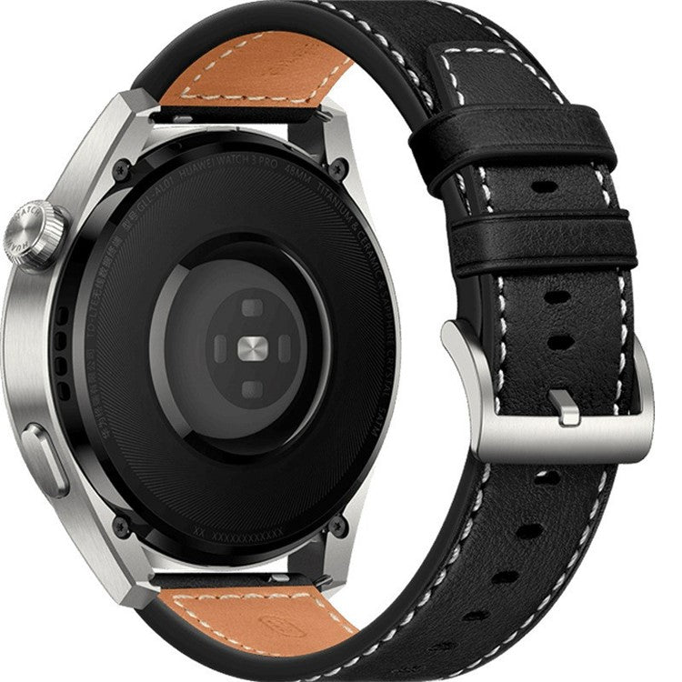 For Huawei Watch GT 4 46mm / Watch 4 / Watch 4 Pro Strap 22mm Genuine Cow Leather Stitching Lines Watch Band - Black