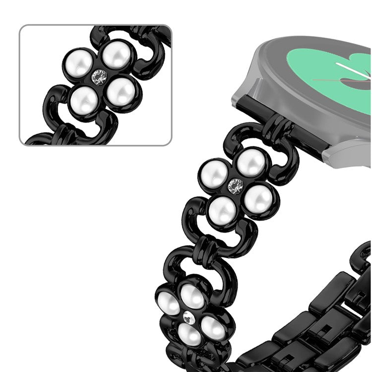 For Samsung Gear Sport / S2 Classic Wristband Stainless Steel Pearl Four Leaf Clover Decor Watch Strap - Black
