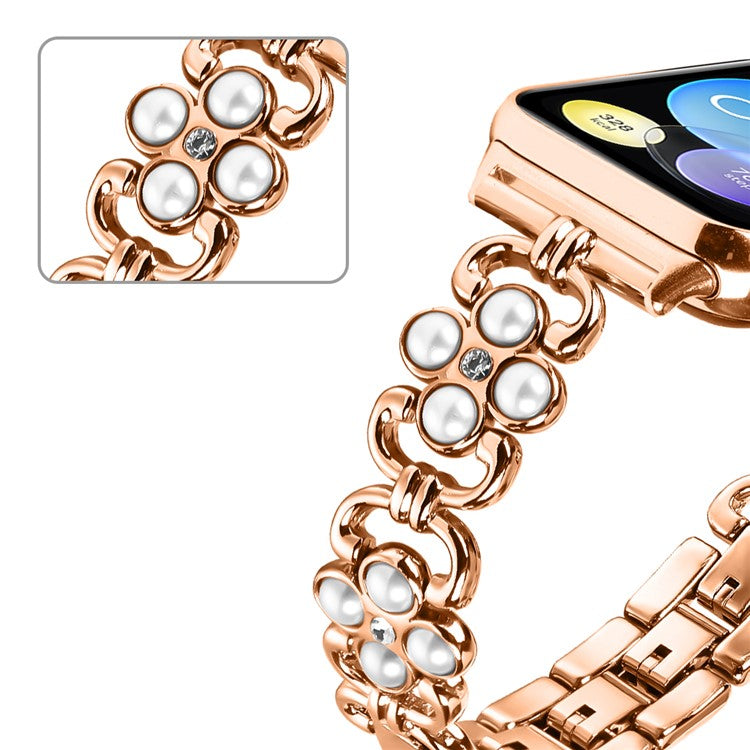 Wholesale Watch Strap for Xiaomi Smart Band 8 Pro Pearl Decor Four Leaf Clover Stainless Steel Band - Rose Gold