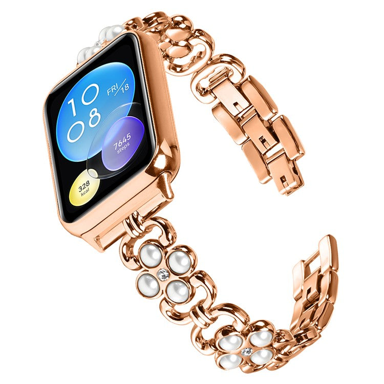 For Xiaomi Redmi 4 Wrist Bracelet Pearl Decor Four Leaf Clover Stainless Steel Watch Band - Rose Gold