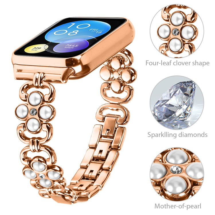 For Xiaomi Redmi 4 Wrist Bracelet Pearl Decor Four Leaf Clover Stainless Steel Watch Band - Rose Gold