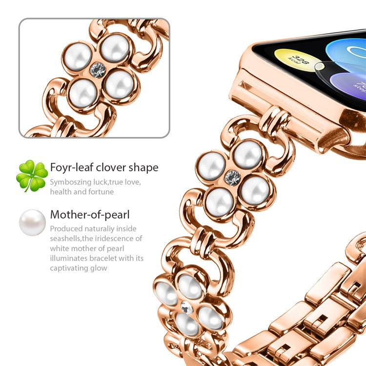 For Xiaomi Redmi 4 Wrist Bracelet Pearl Decor Four Leaf Clover Stainless Steel Watch Band - Rose Gold