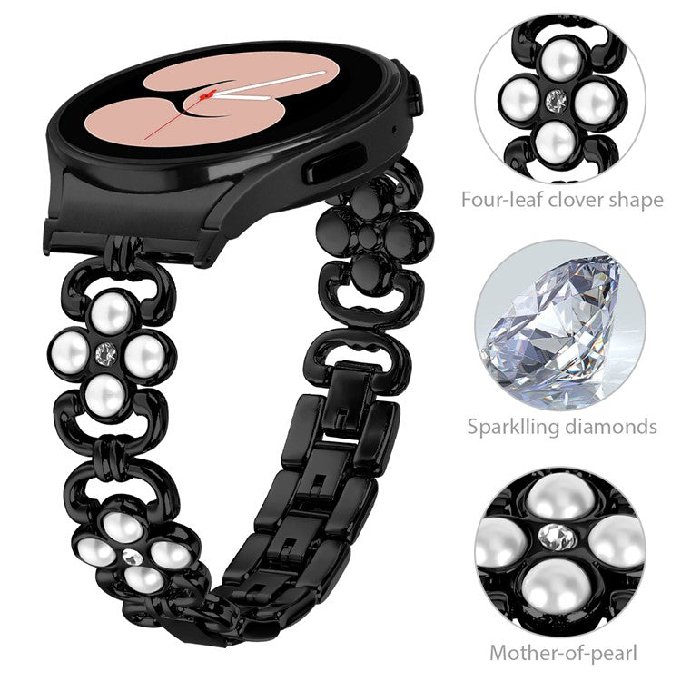 For Samsung Galaxy Watch 5 Active 40mm 44mm / Watch 5 40mm 44mm Women Fashion Four Leaf Clover Stainless Steel Watchband - Black