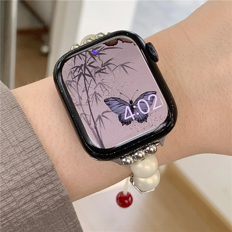 For Apple Watch 10 46mm / Ultra 2 / Ultra 49mm / 9 8 7 45mm / SE (2023) SE (2022) SE 6 5 4 44mm / 3 2 1 42mm Artificial Pearl Strap - Beige / 2-Chain