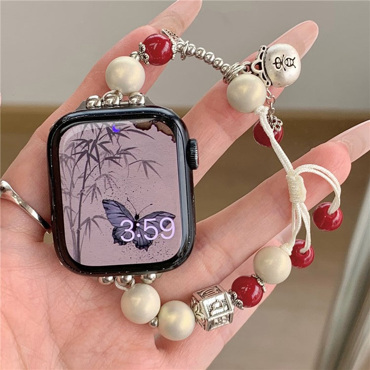 For Apple Watch 10 46mm / Ultra 2 / Ultra 49mm / 9 8 7 45mm / SE (2023) SE (2022) SE 6 5 4 44mm / 3 2 1 42mm Artificial Pearl Strap - Beige / 2-Chain