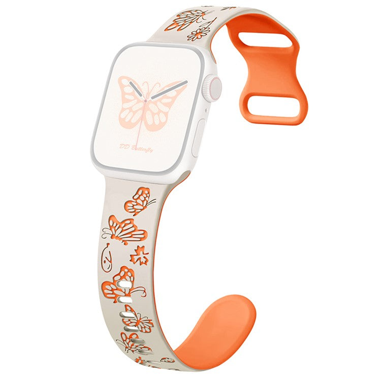 For Apple Watch 10 46mm / Ultra 2 / Ultra 49mm / 9 8 7 45mm / SE (2023) SE (2022) SE 6 5 4 44mm / 3 2 1 42mm Silicone Strap - Starlight+Orange
