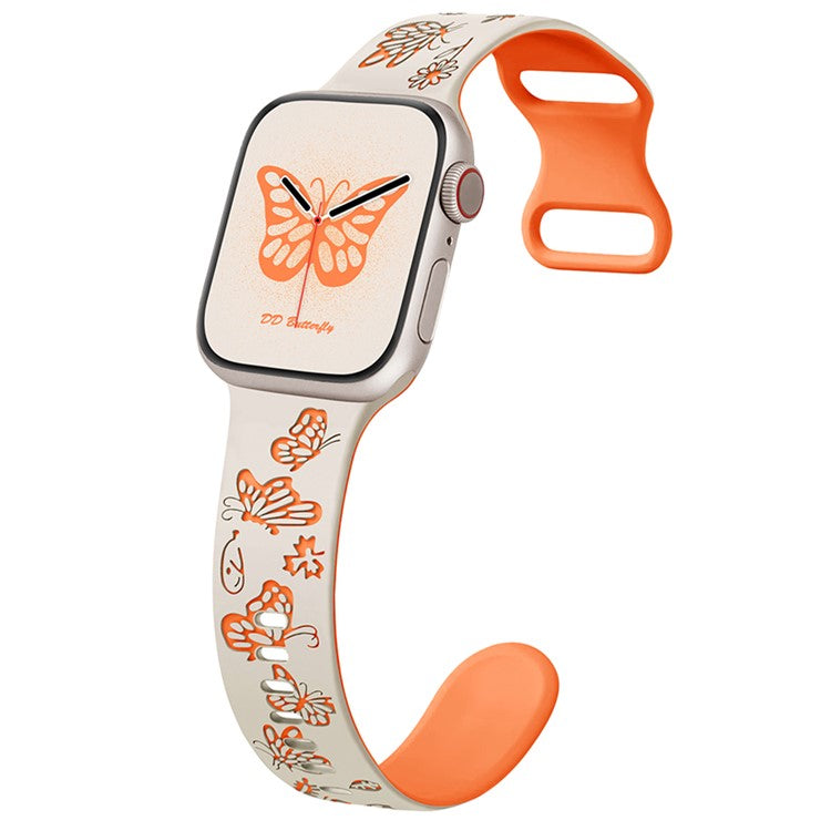 For Apple Watch 10 46mm / Ultra 2 / Ultra 49mm / 9 8 7 45mm / SE (2023) SE (2022) SE 6 5 4 44mm / 3 2 1 42mm Silicone Strap - Starlight+Orange