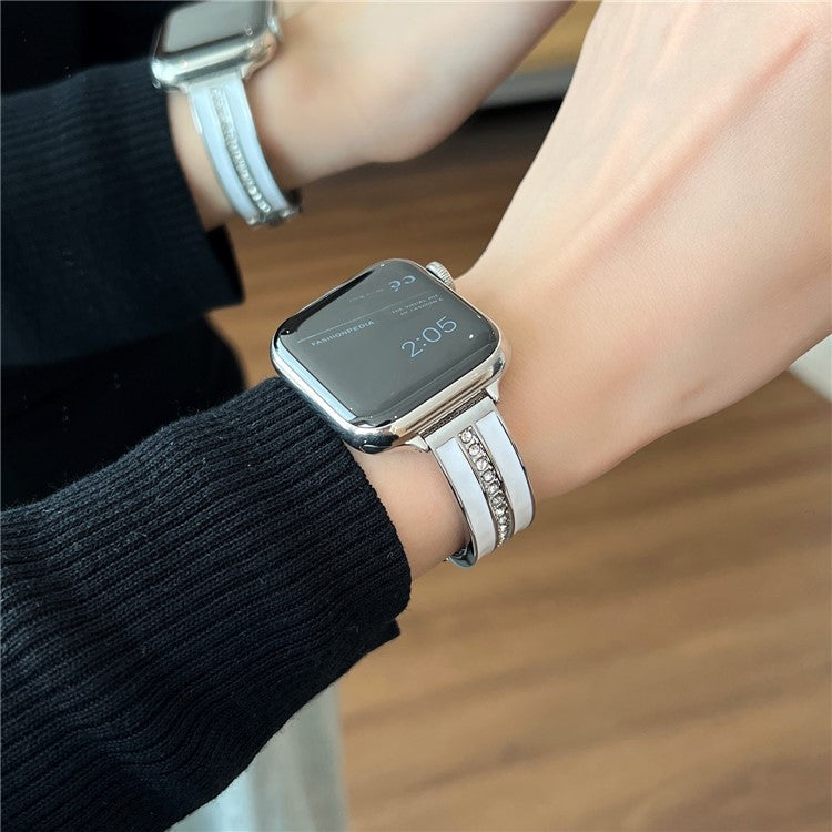 For Apple Watch Series 10 42mm / 9 8 7 41mm / SE (2023) SE (2022) SE 6 5 4 40mm / 3 2 1 38mm Epoxy Watch Band Metal Bangle Strap - Silver+White
