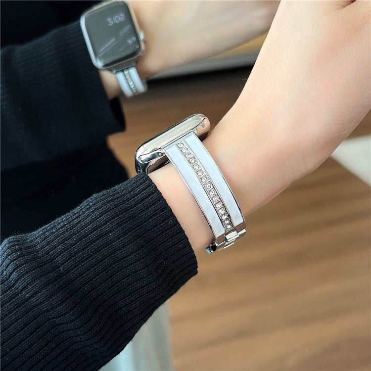 For Apple Watch Series 10 42mm / 9 8 7 41mm / SE (2023) SE (2022) SE 6 5 4 40mm / 3 2 1 38mm Epoxy Watch Band Metal Bangle Strap - Silver+White