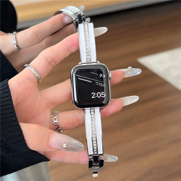 For Apple Watch Series 10 42mm / 9 8 7 41mm / SE (2023) SE (2022) SE 6 5 4 40mm / 3 2 1 38mm Epoxy Watch Band Metal Bangle Strap - Silver+White