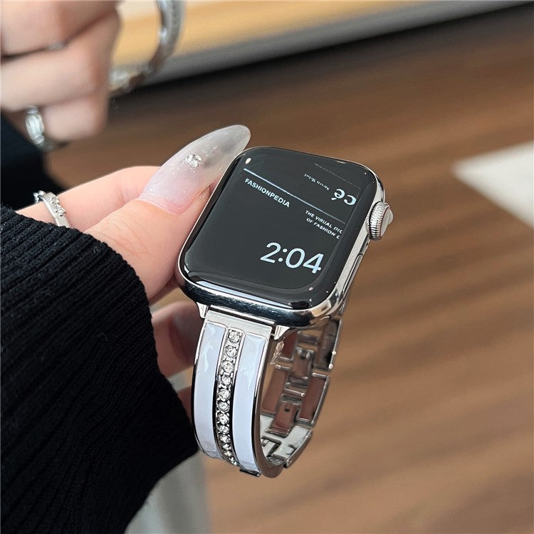 For Apple Watch Series 10 42mm / 9 8 7 41mm / SE (2023) SE (2022) SE 6 5 4 40mm / 3 2 1 38mm Epoxy Watch Band Metal Bangle Strap - Silver+White