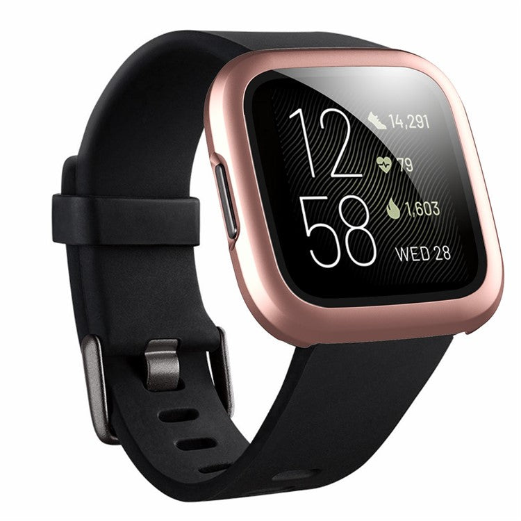 Rubberized PC Frame Intergrated Tempered Glass Screen Protector Smart Watch Cover for Fitbit Versa 2 - Rose Gold