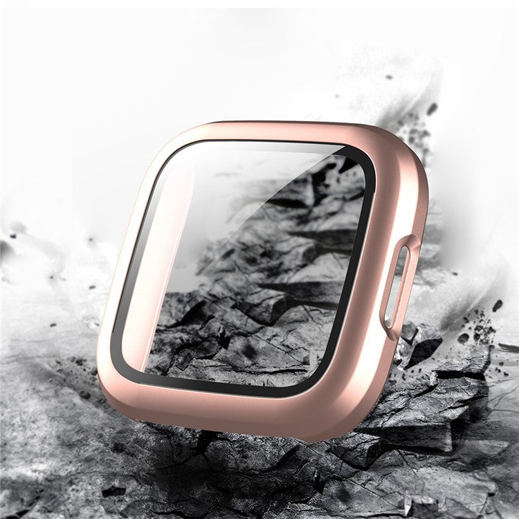Rubberized PC Frame Intergrated Tempered Glass Screen Protector Smart Watch Cover for Fitbit Versa 2 - Rose Gold