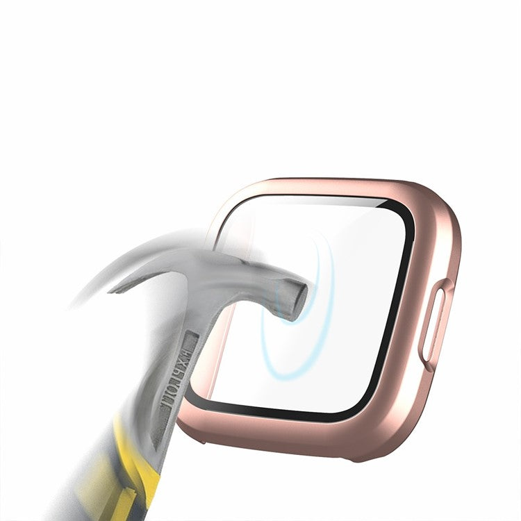 Rubberized PC Frame Intergrated Tempered Glass Screen Protector Smart Watch Cover for Fitbit Versa 2 - Rose Gold