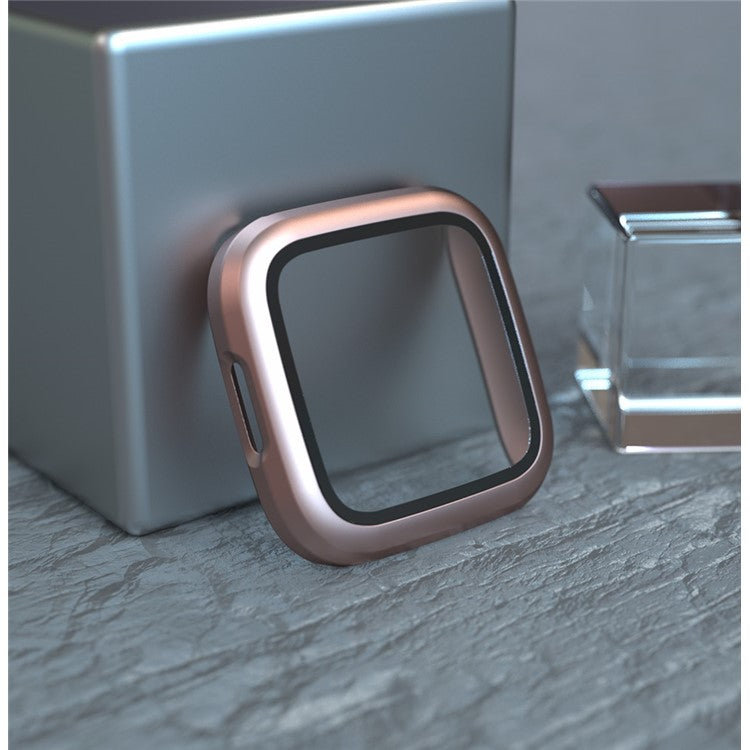 Rubberized PC Frame Intergrated Tempered Glass Screen Protector Smart Watch Cover for Fitbit Versa 2 - Rose Gold