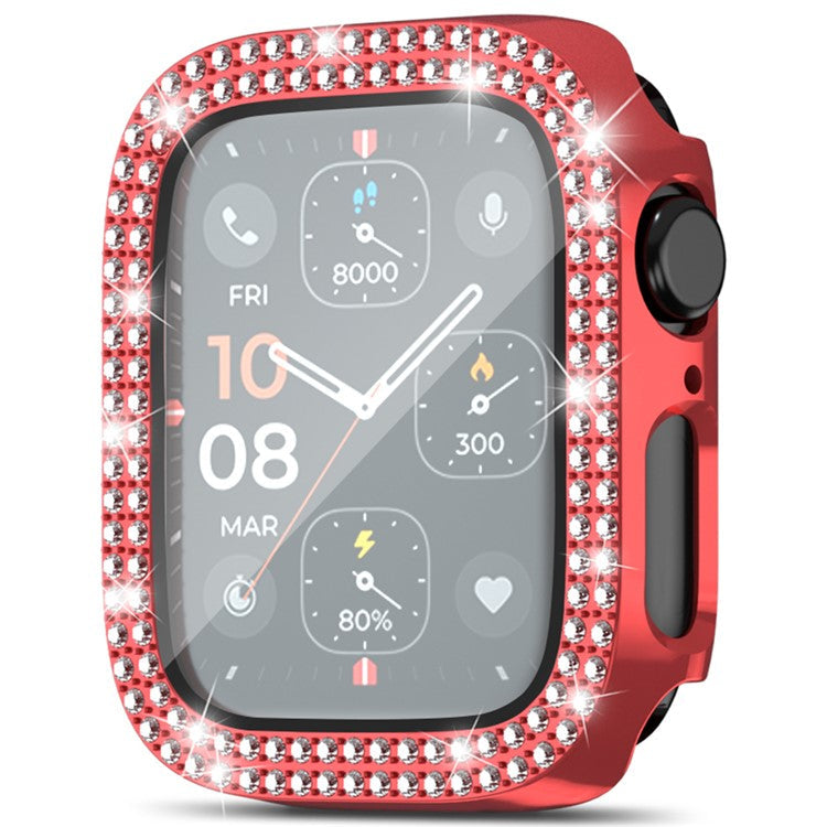 For Apple Watch Series 4 / 5 / 6 / SE / SE (2022) 44mm Rhinestone Decor Electroplating PC Watch Case with Tempered Glass Film - Red