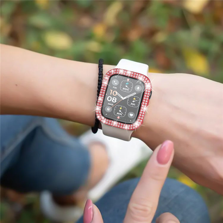 For Apple Watch Series 4 / 5 / 6 / SE / SE (2022) 44mm Rhinestone Decor Electroplating PC Watch Case with Tempered Glass Film - Red