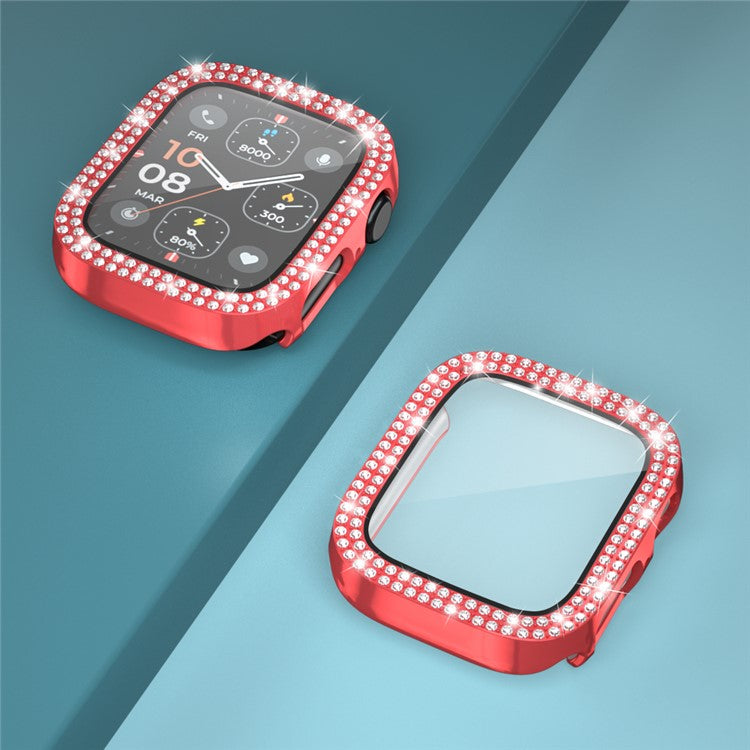 For Apple Watch Series 4 / 5 / 6 / SE / SE (2022) 44mm Rhinestone Decor Electroplating PC Watch Case with Tempered Glass Film - Red