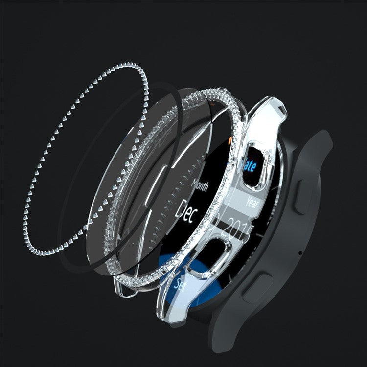 For Samsung Galaxy Watch7 44mm PC Watch Case Rhinestone Decor Cover with Tempered Glass Film - Transparent