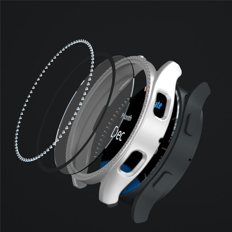 For Samsung Galaxy Watch7 44mm PC Watch Case Rhinestone Decor Cover with Tempered Glass Film - Silver