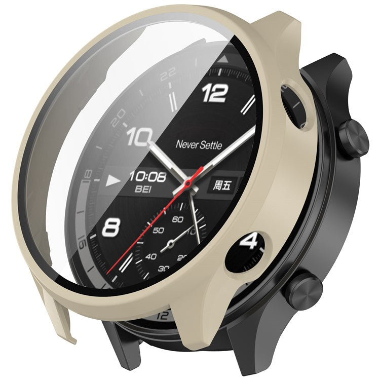 For OnePlus Watch 2R Case Hard PC Full Protective Watch Cover with Tempered Glass Film - Ivory White