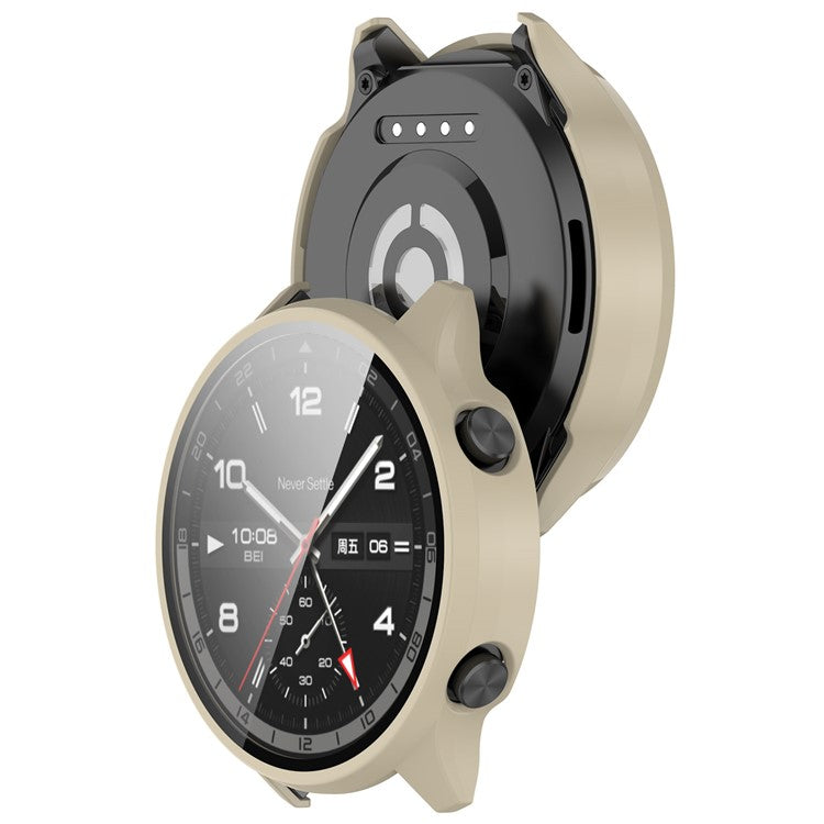 For OnePlus Watch 2R Case Hard PC Full Protective Watch Cover with Tempered Glass Film - Ivory White