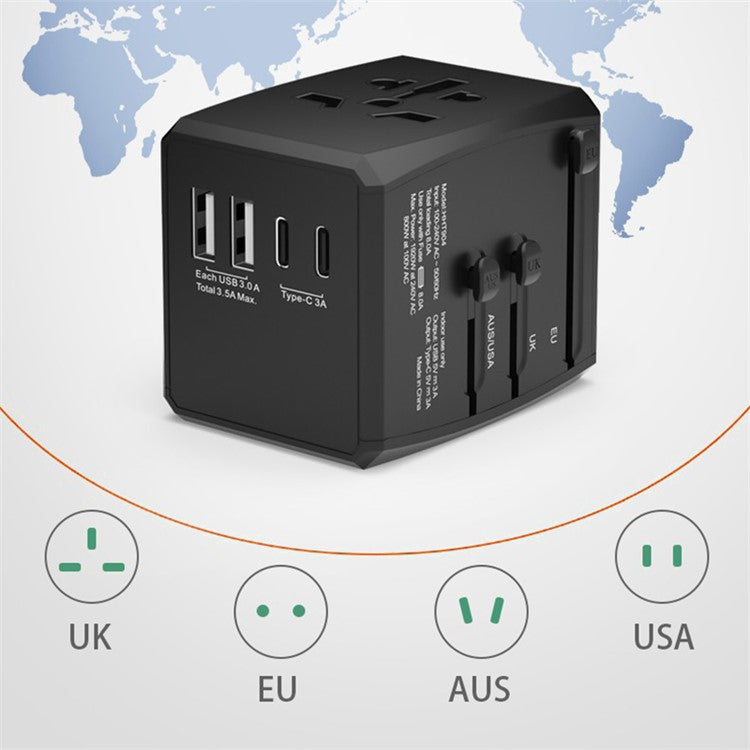 HH904 Worldwide Travel Charge Adapter Wall Plug Converter with 2 USB + 2 Type-C - Black