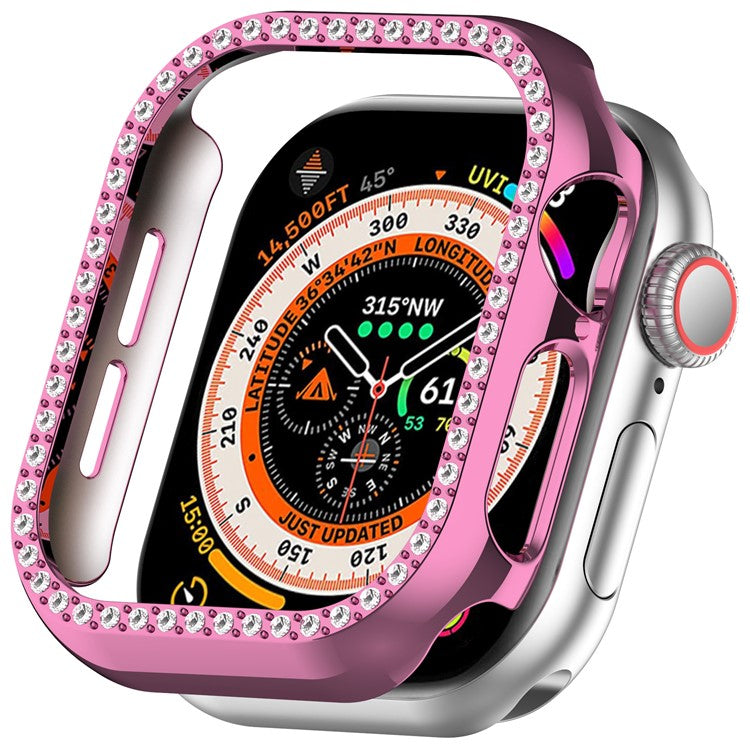 For Apple Watch Series 10 42mm Single Row Rhinestone Decor Hollow-Out Cover PC Watch Frame Case - Pink